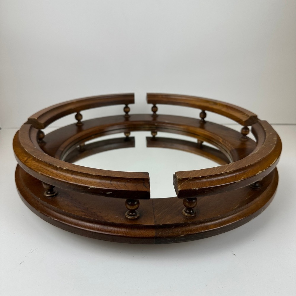Vintage Round Wood Mirrored Vanity Tray Gallery Rail Spindle Lazy Susan Brown